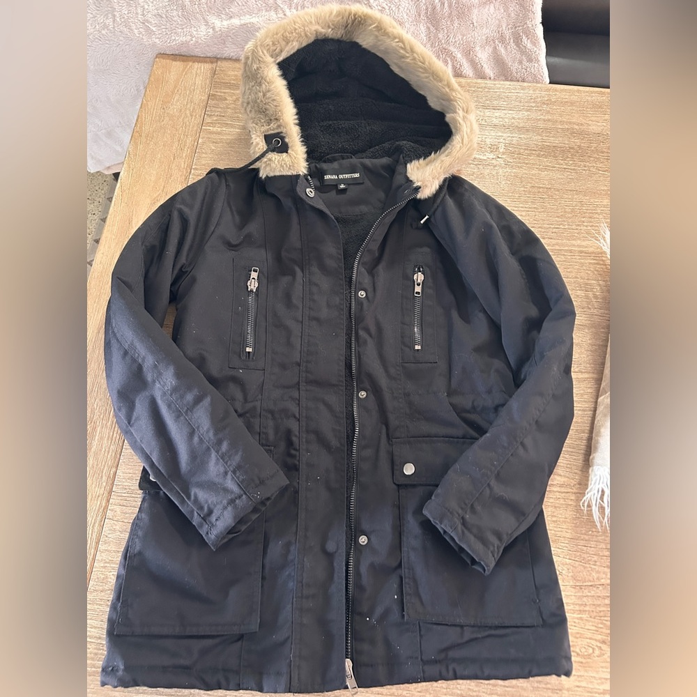 Warm warm coat, Sherpa lined, faux fur line hood